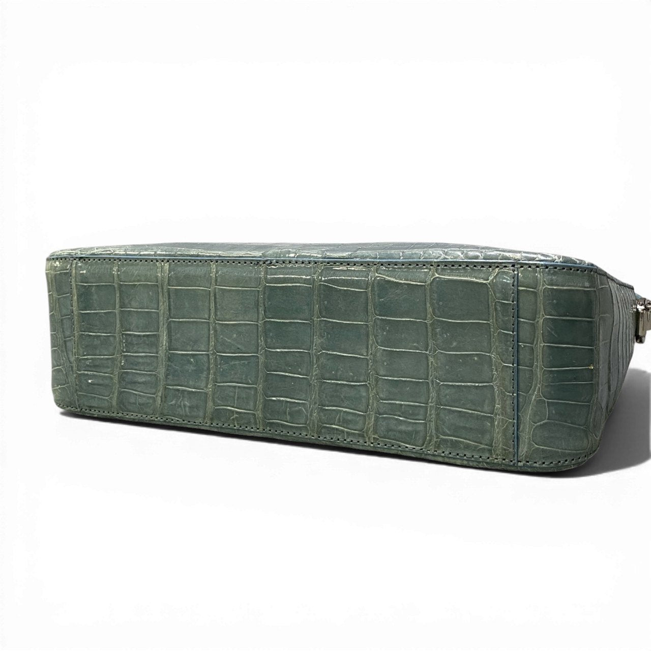 ac21 Sanpo サンポー シャイニングクロコ 2WAY バッグ ブルー 本クロコ Crocodile Leather Bag 鞄 カバン チェーンショルダーt18r