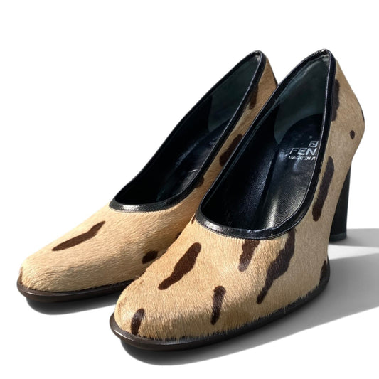 2i16 【美品】FENDI フェンディ ハラコ ヴィンテージ パンプス チャンキーヒール シューズ 35 1/2サイズ ベージュ ブラウン レディース 女性用u02t