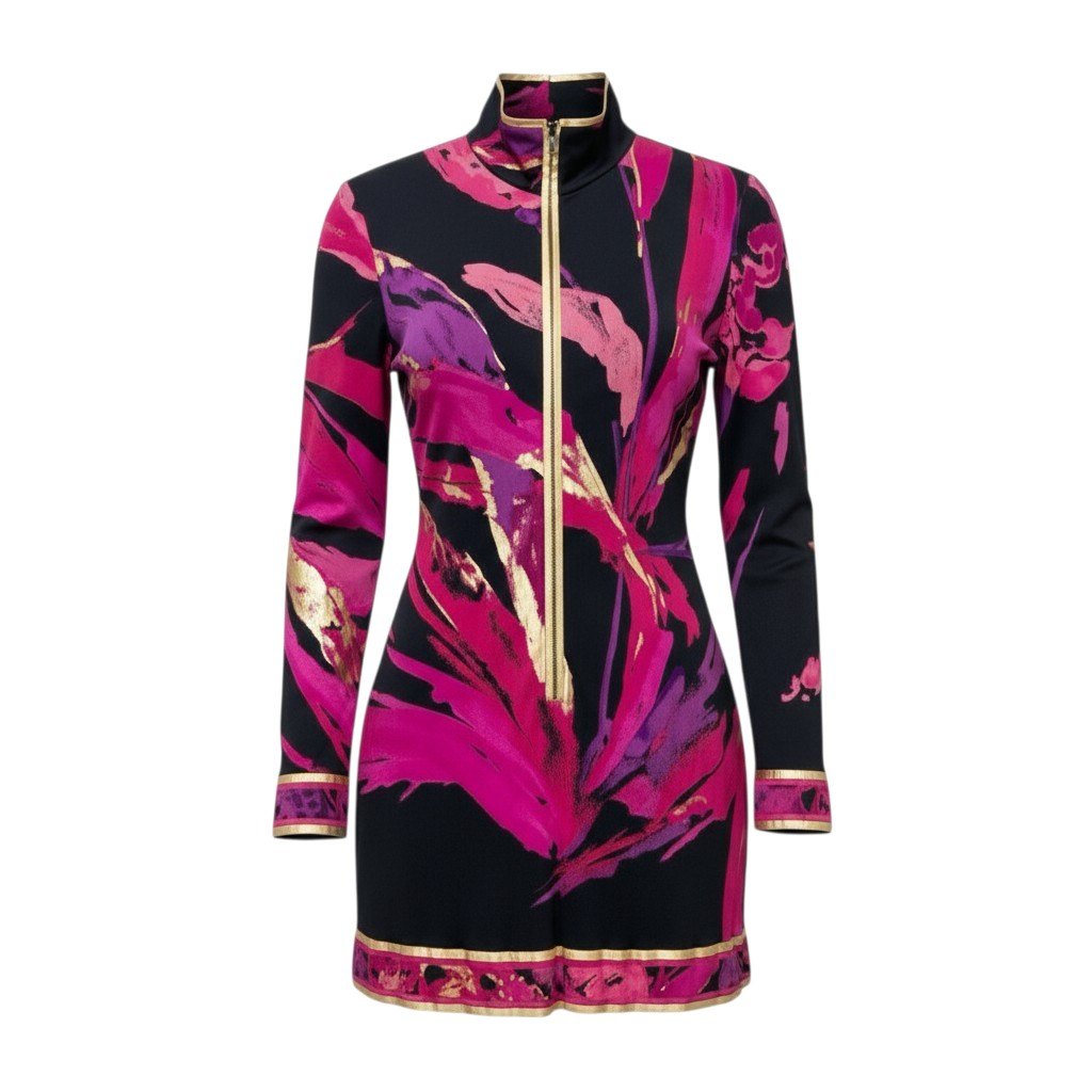 61c6 【美品】 LEONARD レオナール チュニックワンピース ハーフジップ ロングスリーブ レディース 女性服 サイズ40 マルチカラー シルク100％u02t