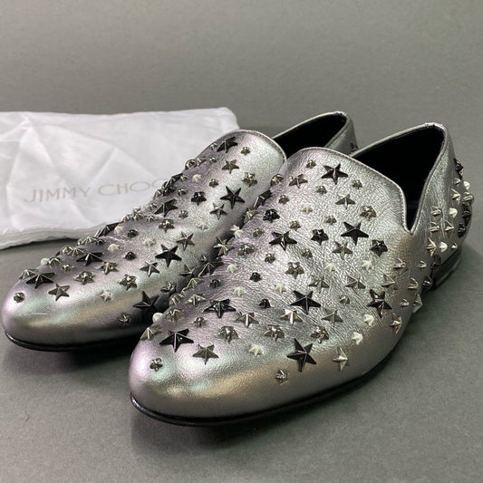 5e10 JIMMY CHOO ジミーチュウ スリッポン ローファー スタースタッズ サイズ41 1/2 メタリックシルバー レザー メンズ イタリア製