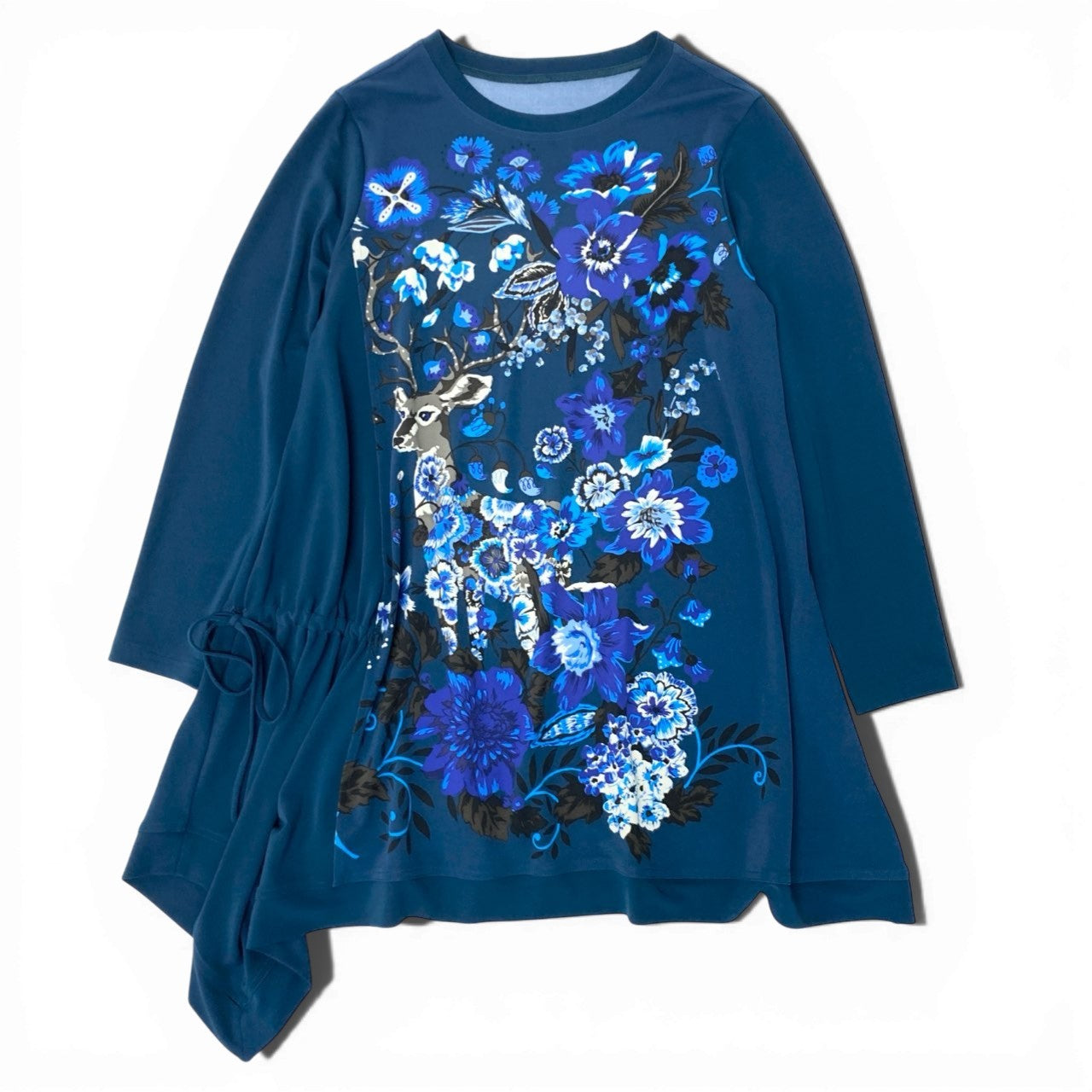 33c10 TOKUKO 1er VOL トクコプルミエヴォル ロングスリーブワンピース Aライン アシンメトリー アニマル 花柄プリント レディース 女性服 サイズ9 ネイビーu02t