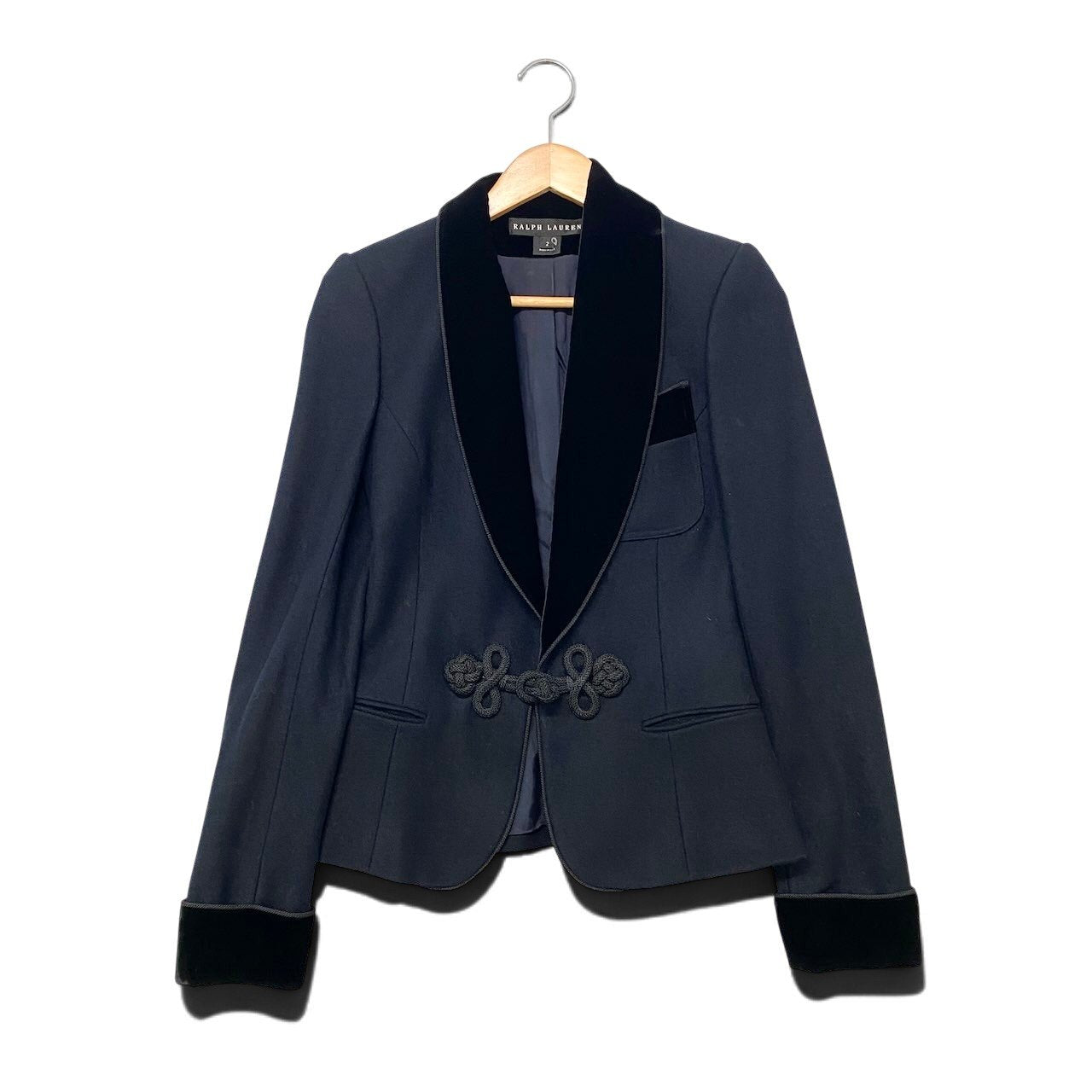 1h16 【美品】 RALPH LAUREN ラルフローレン ショールカラージャケット ベロア切替  サイズ2 ブラック レディース 女性用u02t
