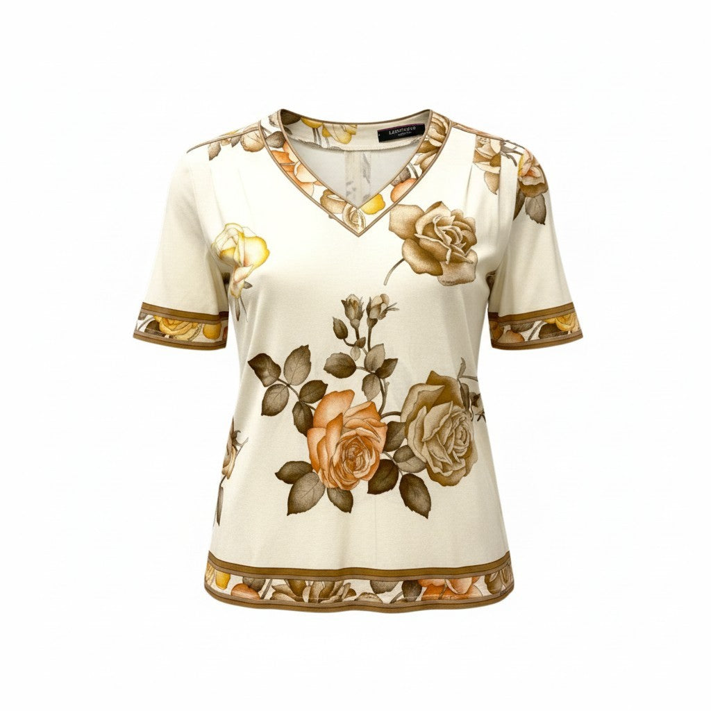 51c13 LEONARD レオナール 美しい花柄プリント 半袖Tシャツ カットソー トップス LL マルチカラー コットン レディースu02t