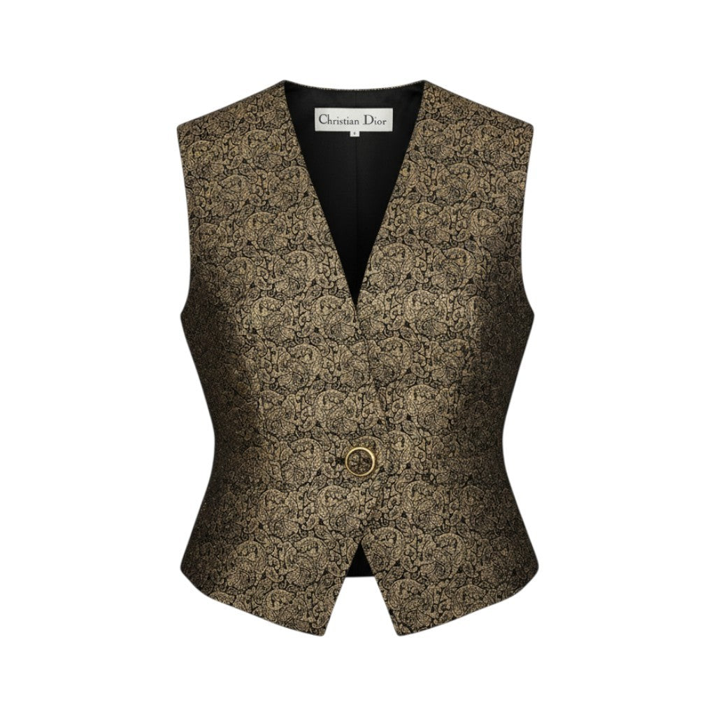 Ab23 Christian Dior クリスチャンディオール 総柄 ジレベスト トップス 装飾ボタン Ｍ ゴールド レディースu02t
