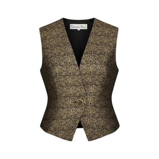 Ab23 Christian Dior クリスチャンディオール 総柄 ジレベスト トップス 装飾ボタン Ｍ ゴールド レディースu02t