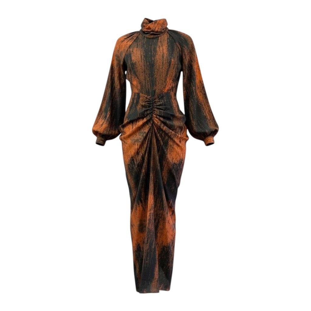 Ac24 《タグ付》 定価￥74,800 JOHN LAWRENCE SULLIVAN ジョンローレンスサリバン 25AW プリントギャザーロングドレス ワンピース ALL OVER PRINT GATHERED DRESS サイズS オレンジt18r