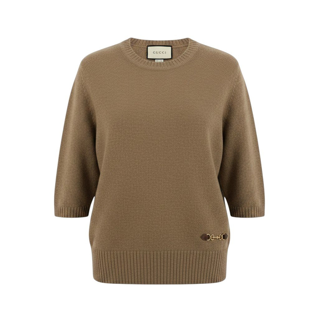 Ei7 【美品】 GUCCI グッチ カシミヤニットセーター ホースビット 五分袖 サイズL ベージュ カシミア100％ レディースk02i