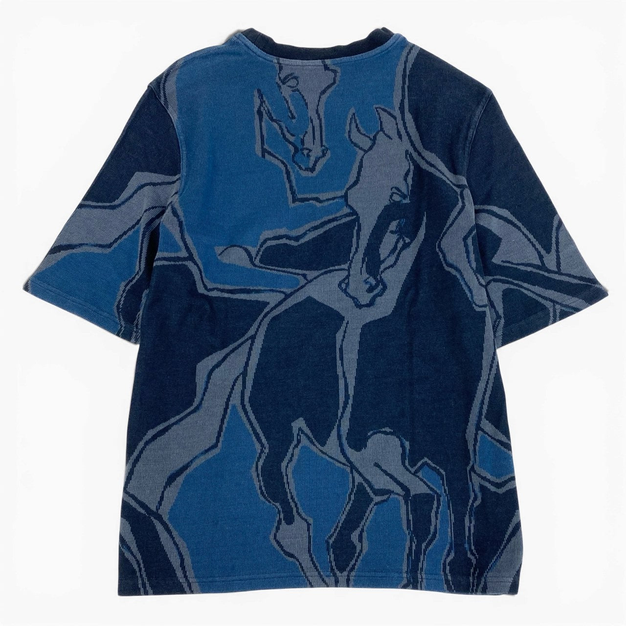 20a14 HERMES エルメス 半袖Tシャツ クルーネック カットソー 鹿の子 Dance of Horses 馬柄 イタリア製  メンズ 紳士服 サイズM ネイビー コットン100％o07t