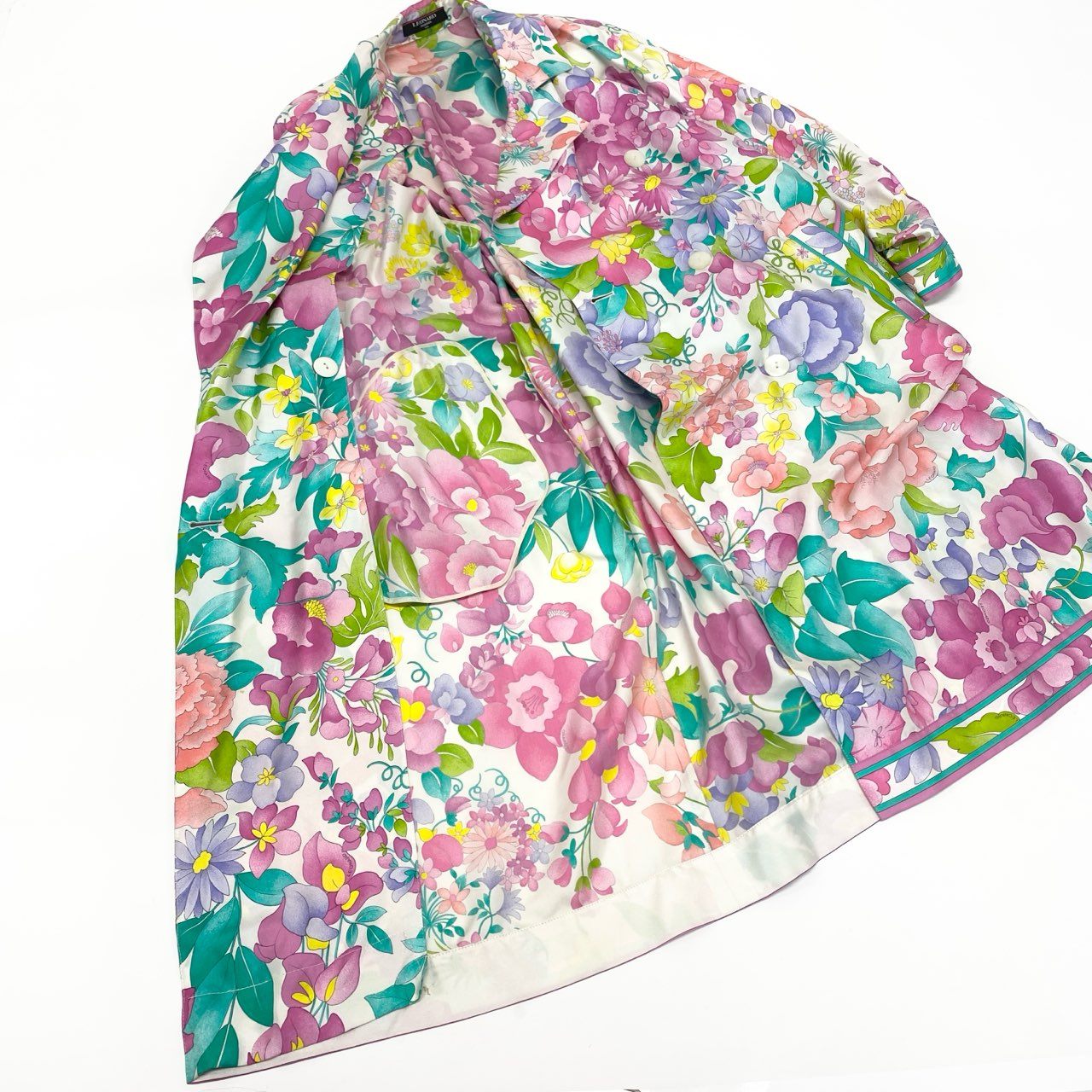 21k14 LEONARD FASHION レオナール ダブルブレスト ロングコート 美しい花柄プリント ウエストベルト レディース 女性用 9AR マルチカラー シルク100％u02t