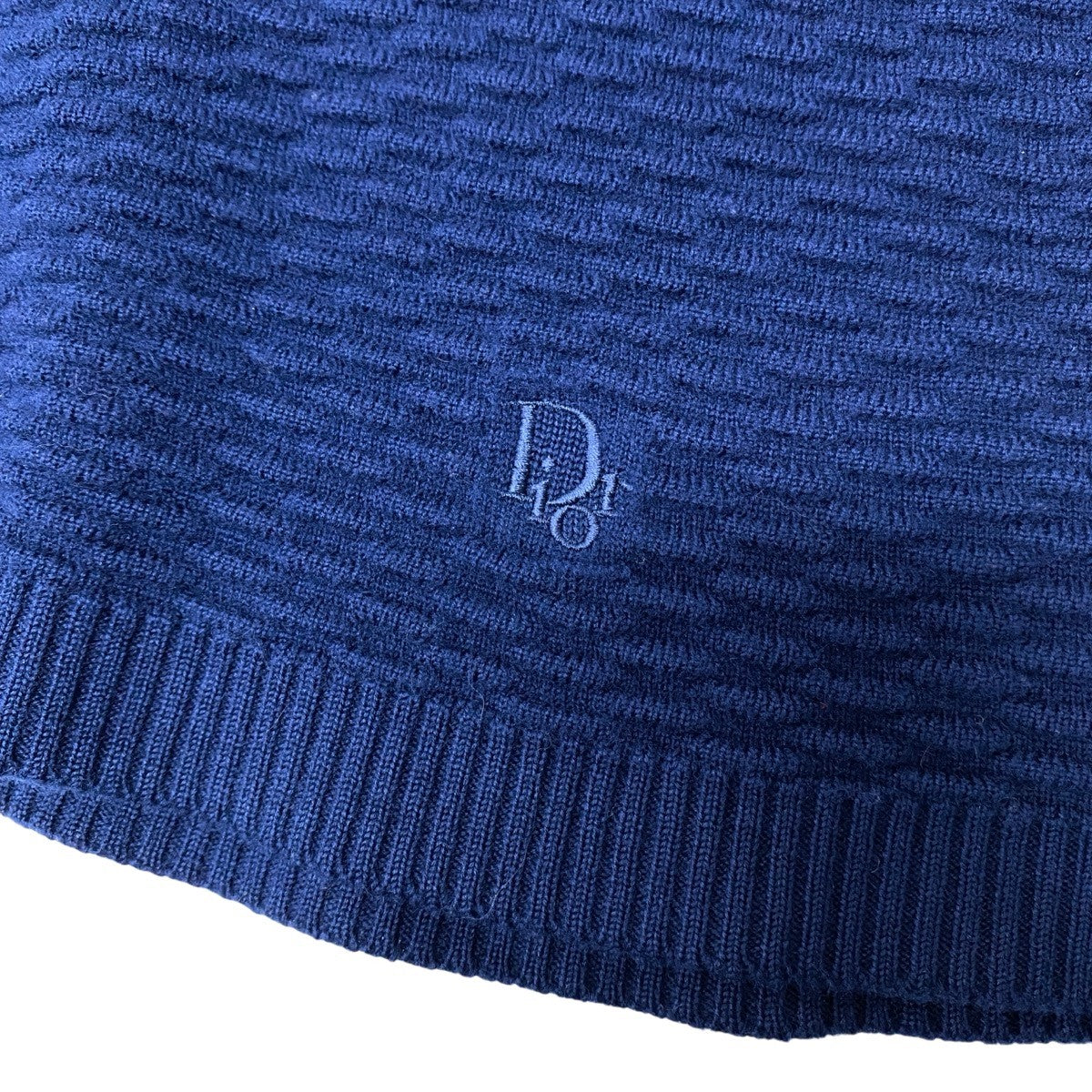 55h21 Christian Dior クリスチャンディオール Vネック ニットセーター リブ切替 裾ロゴ刺繍 サイズM ネイビー ウール100％ レディースu02t