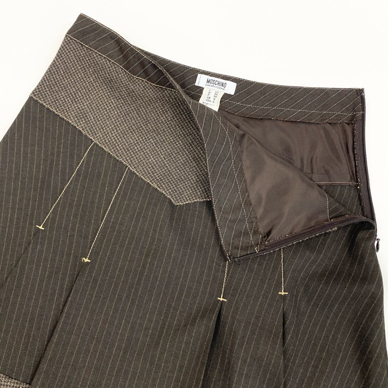 30b11【美品】MOSCHINO モスキーノ スカートセットアップ ジャケット プリーツスカート パッチワークデザイン Sサイズ相当/40サイズ ブラウン系 画像参照 レディース 女性用u02t
