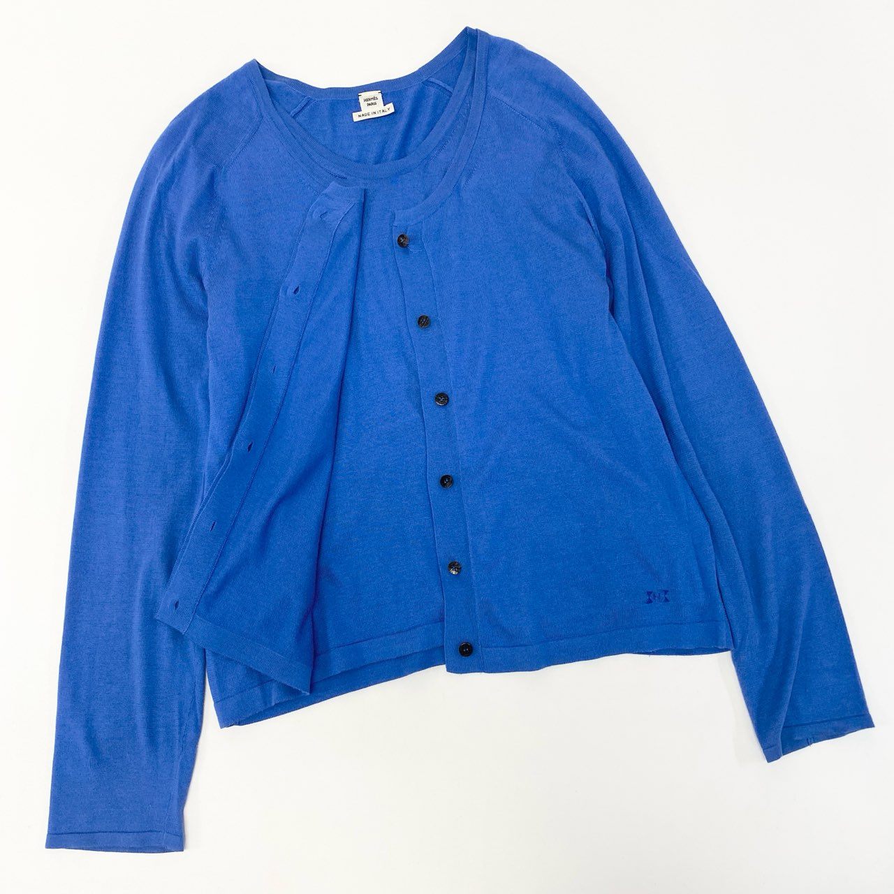 Ea29 HERMES エルメス アンサンブル 長袖カーディガン 半袖ニット 刺繍 イタリア製 40サイズ ブルー レディース 女性用o07t