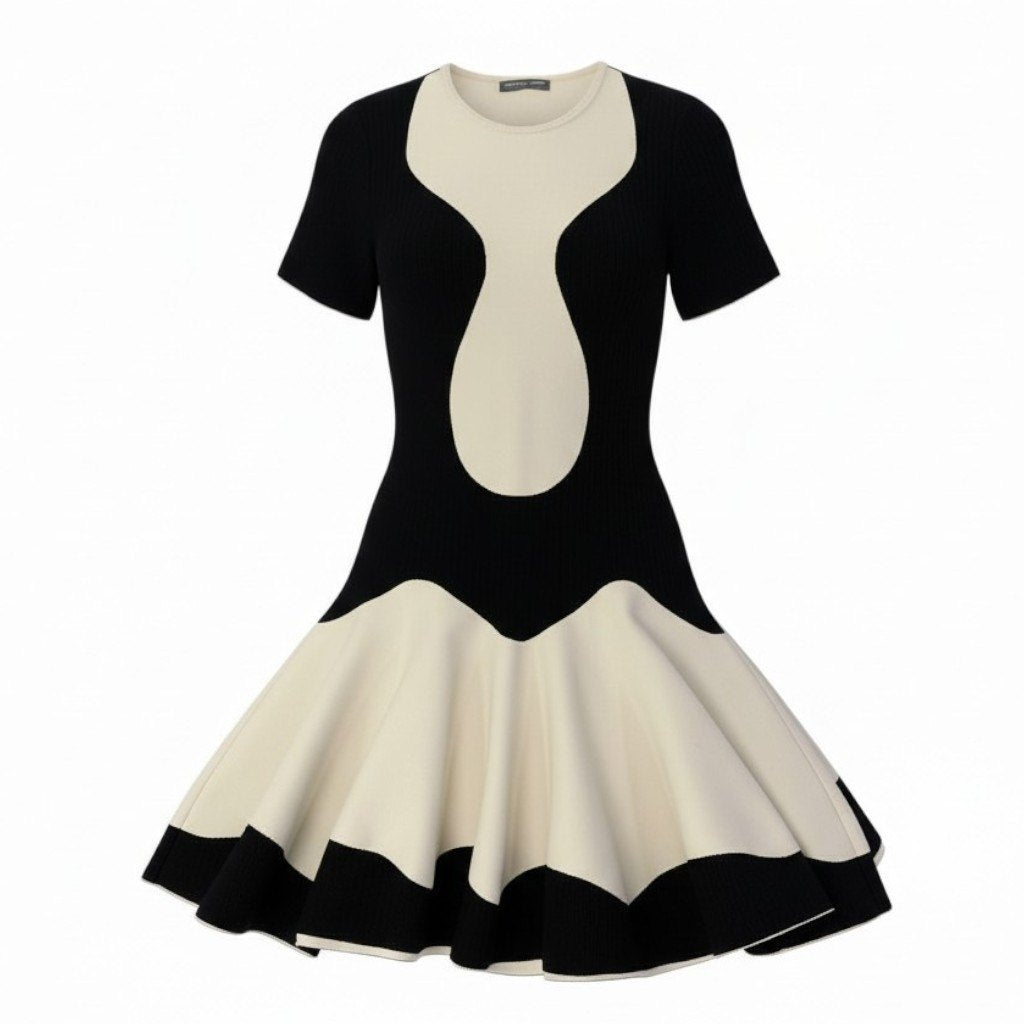 84c19 ALEXANDER MQUEENN アレキサンダーマックイーン 半袖ニットワンピース フレアワンピース バイカラー レディース 女性服 イタリア製 サイズS ブラック オフホワイトu02t