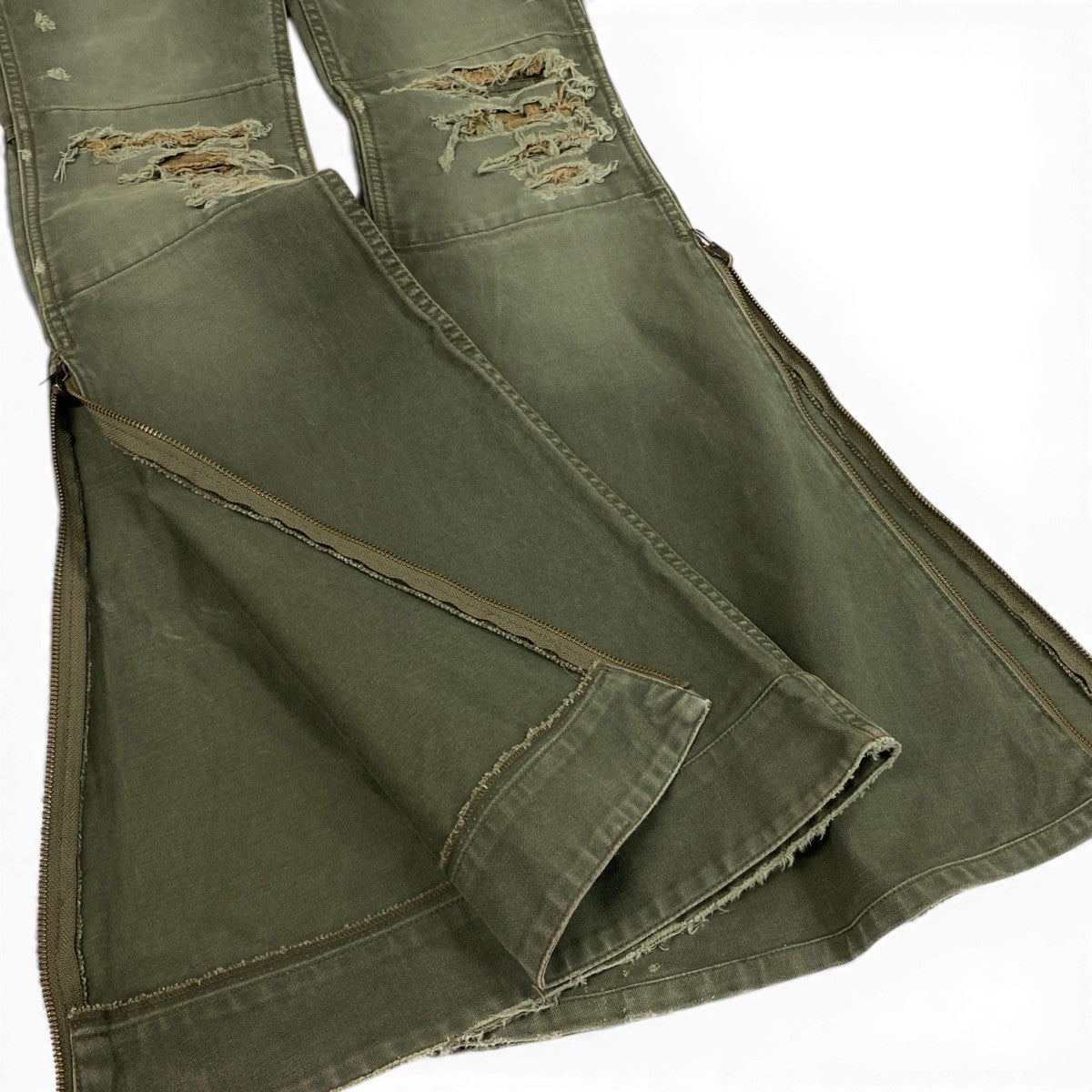 Ag23 IF SIX WAS NINE イフシックスワズナイン クラッシュダメージ加工 フレア ジップスリットパンツ Distressed Flared Hem Zip Pants カーキt18r