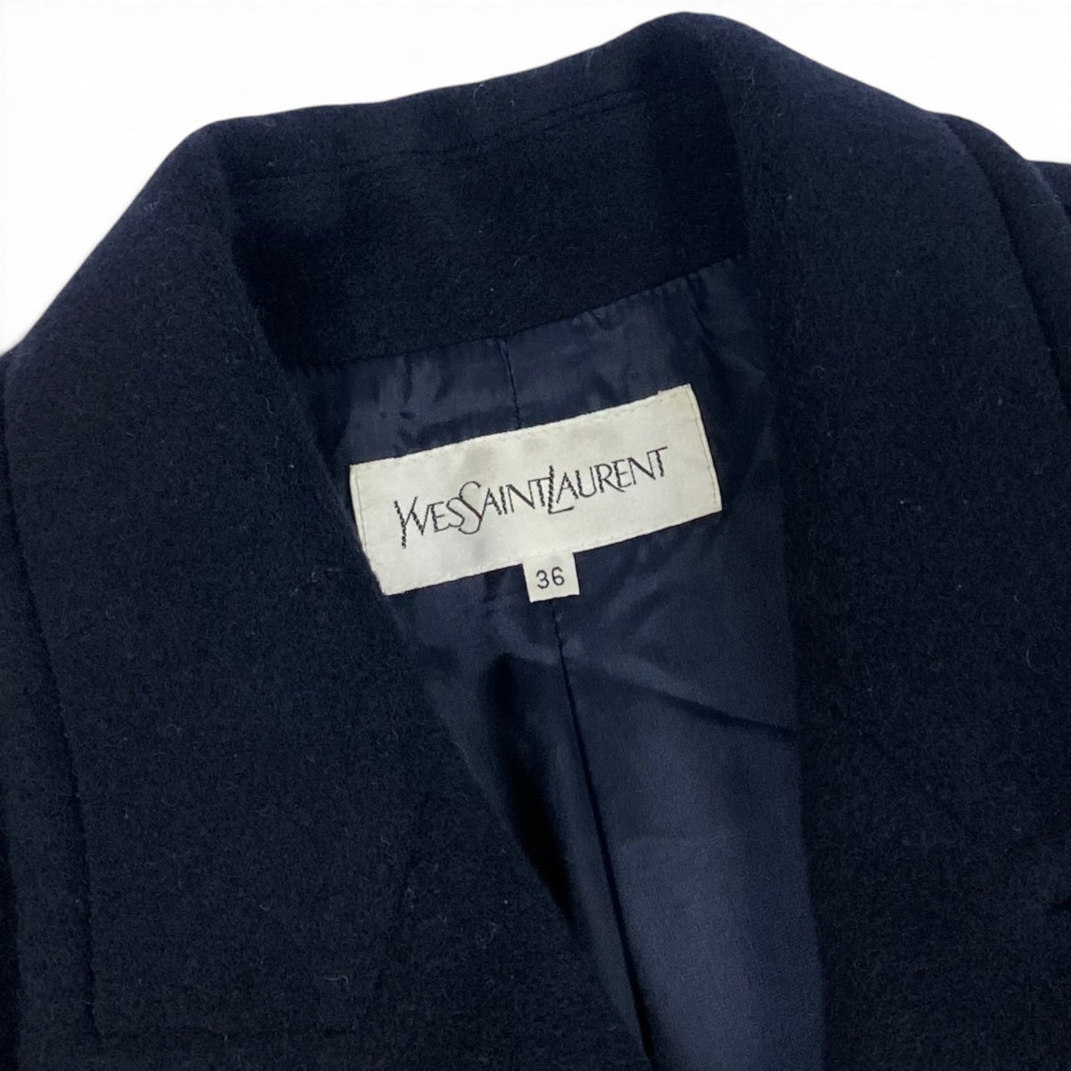 i19 YVES SAINT LAURENT ダブルブレストチェスターコート YSLロゴボタン ロングコート 36サイズ ダークネイビー ウール100％ レディース 女性用u02t