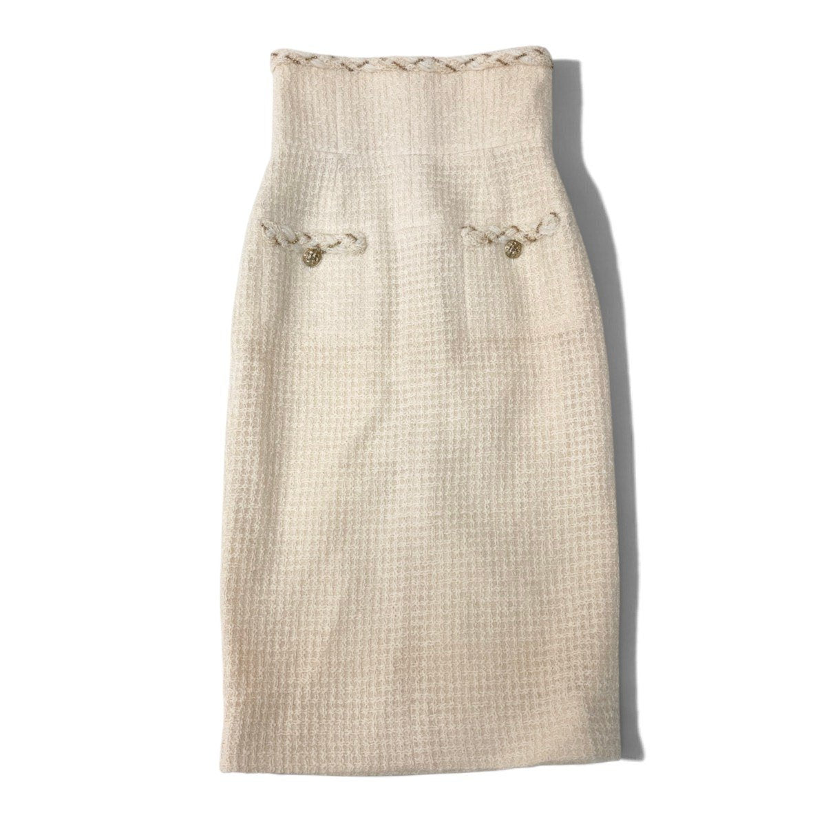 i13 CHANEL シャネル 07A CCボタン ハイウエスト ツイードスカート CC Button High Waisted Tweed Skirt Ivory P32102 Size 36t18r