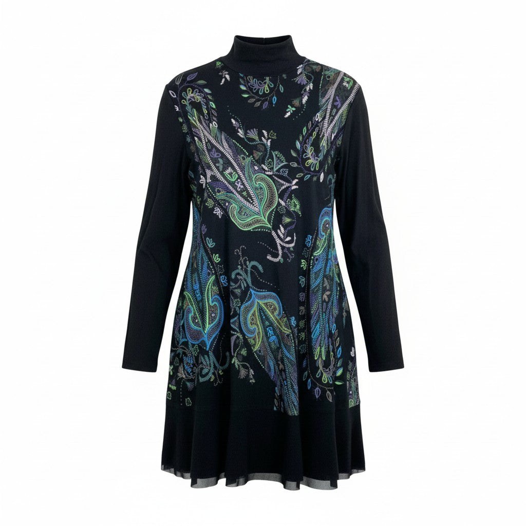 64k19《美品》 TOKUKO 1er VOL トクコプルミエヴォル ロングスリーブ ハイネックワンピース フレアワンピース 総柄プリント ストレッチ○ レディース 女性用 9 ブラックu02t