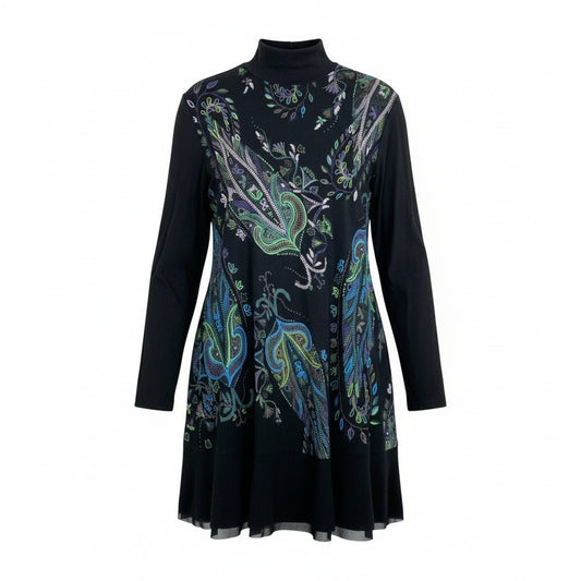 64k19《美品》 TOKUKO 1er VOL トクコプルミエヴォル ロングスリーブ ハイネックワンピース フレアワンピース 総柄プリント ストレッチ○ レディース 女性用 9 ブラックu02t