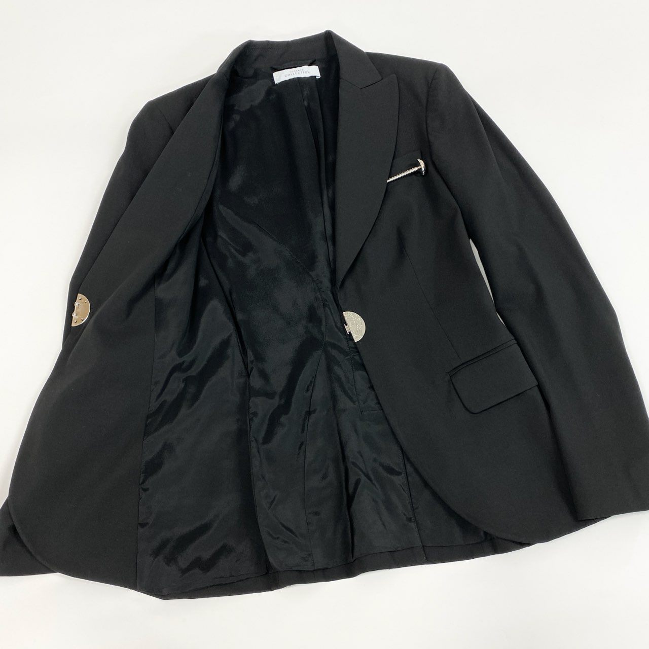 Id6 VERSACE COLLECTION ヴェルサーチコレクション テーラードジャケット 伸縮ストレッチ ロゴプレート サイズ40 ブラック レディース 女性服u02t