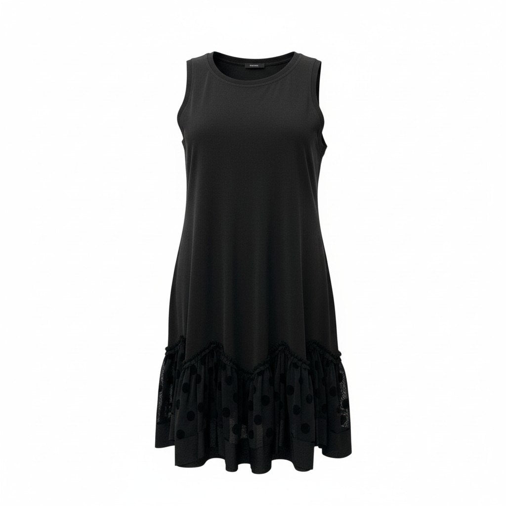 15c2 TOKUKO 1er VOL ＊J トクコプルミエヴォル ノースリーブワンピース 裾フリル ドットチュール 水玉模様 レディース 女性服日本製 サイズ9 ブラックu02t