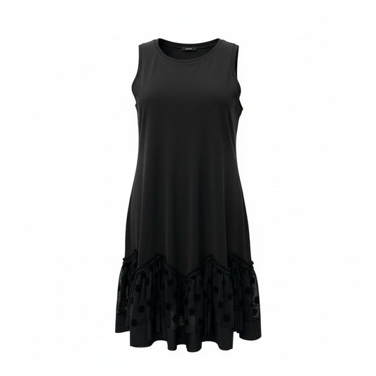 15c2 TOKUKO 1er VOL ＊J トクコプルミエヴォル ノースリーブワンピース 裾フリル ドットチュール 水玉模様 レディース 女性服日本製 サイズ9 ブラックu02t