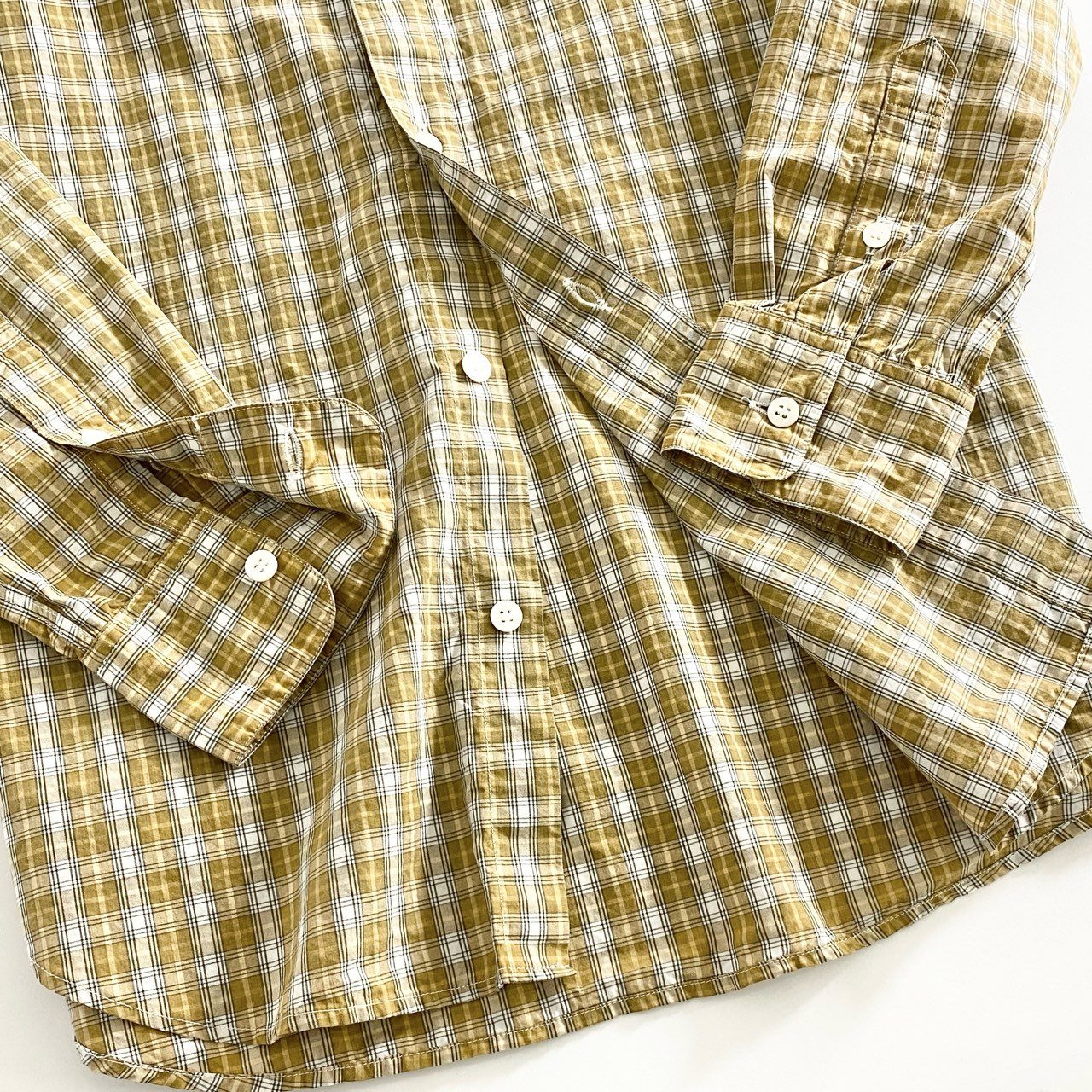 76d12 日本製 Papas パパス 長袖シャツ チェックシャツ バンドカラーシャツ M イエロー コットン100％ メンズ 紳士服