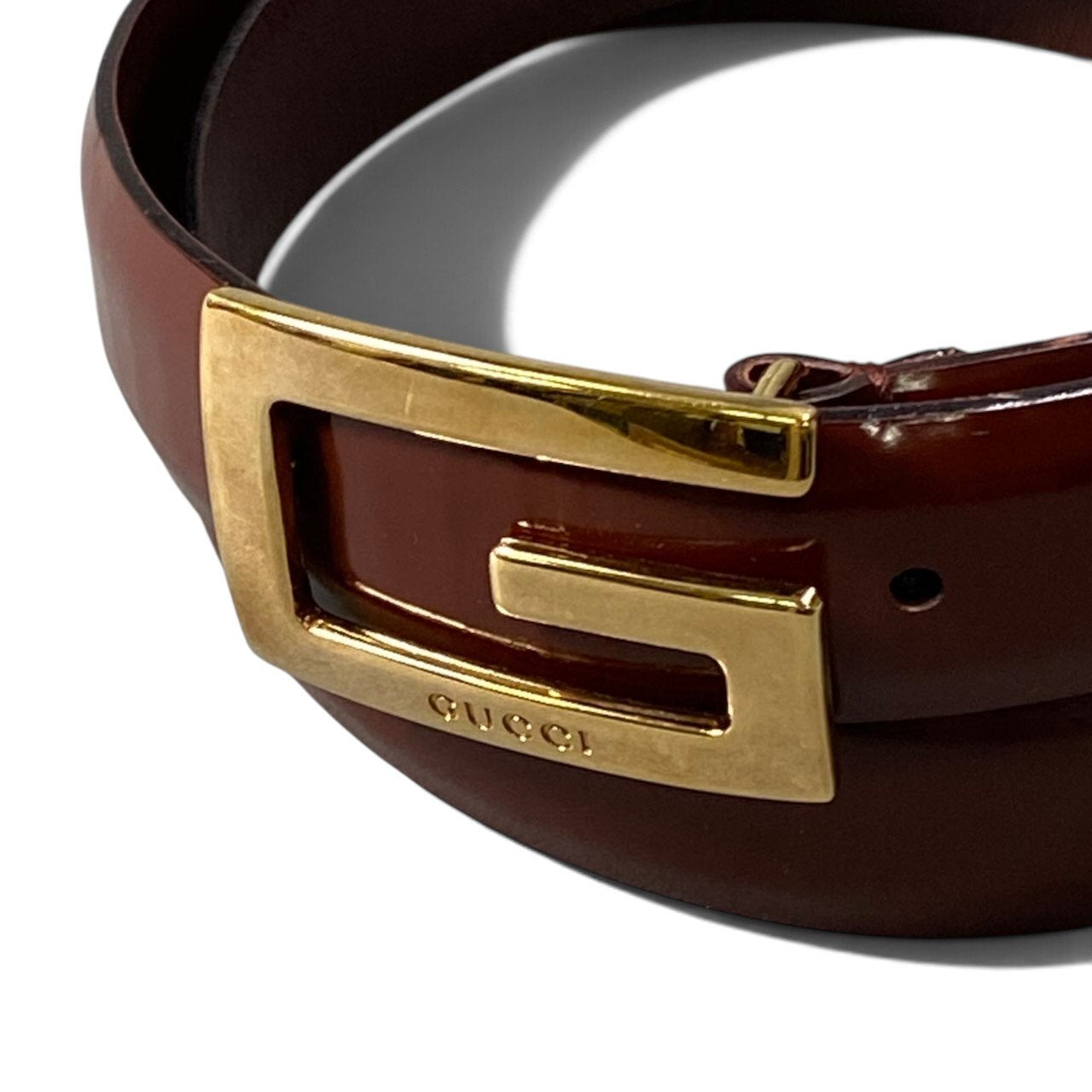 i10 GUCCI グッチ ロゴ金具 レザーベルト 80 ブラウン レザー レディースu02t