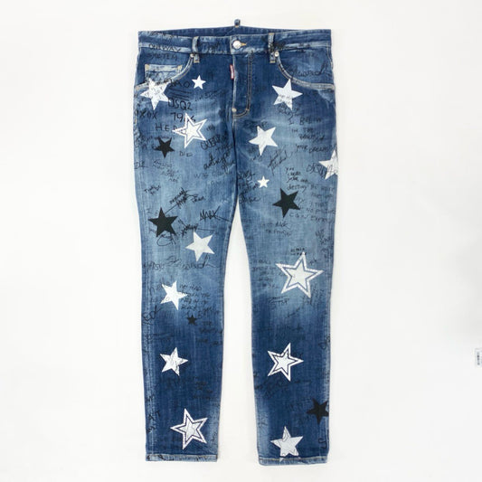 23i17 DSQUARED2 ディースクエアード Star Wash Skater Jean スター ウォッシュ スケーター デニムパンツ ジーンズ 総柄プリント ラインストーン  イタリア製 S71LB1063 48 インディゴブルー コットン メンズo07t