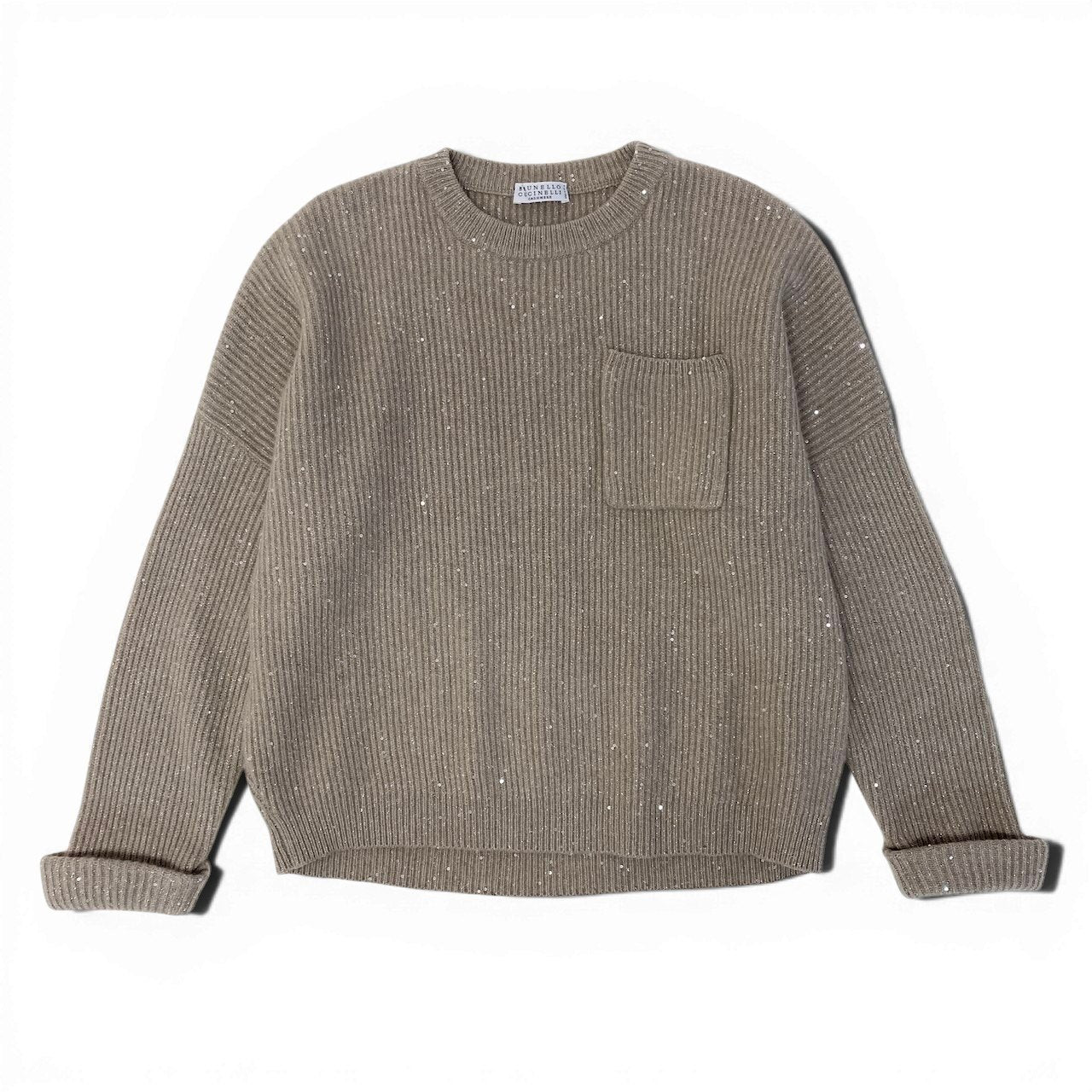 12g1【美品】 BRUNELLO CUCINELLI ブルネロクチネリ スパンコール ラメニット クルーネックセーター カシミヤ混 XS ベージュ レディースu02t