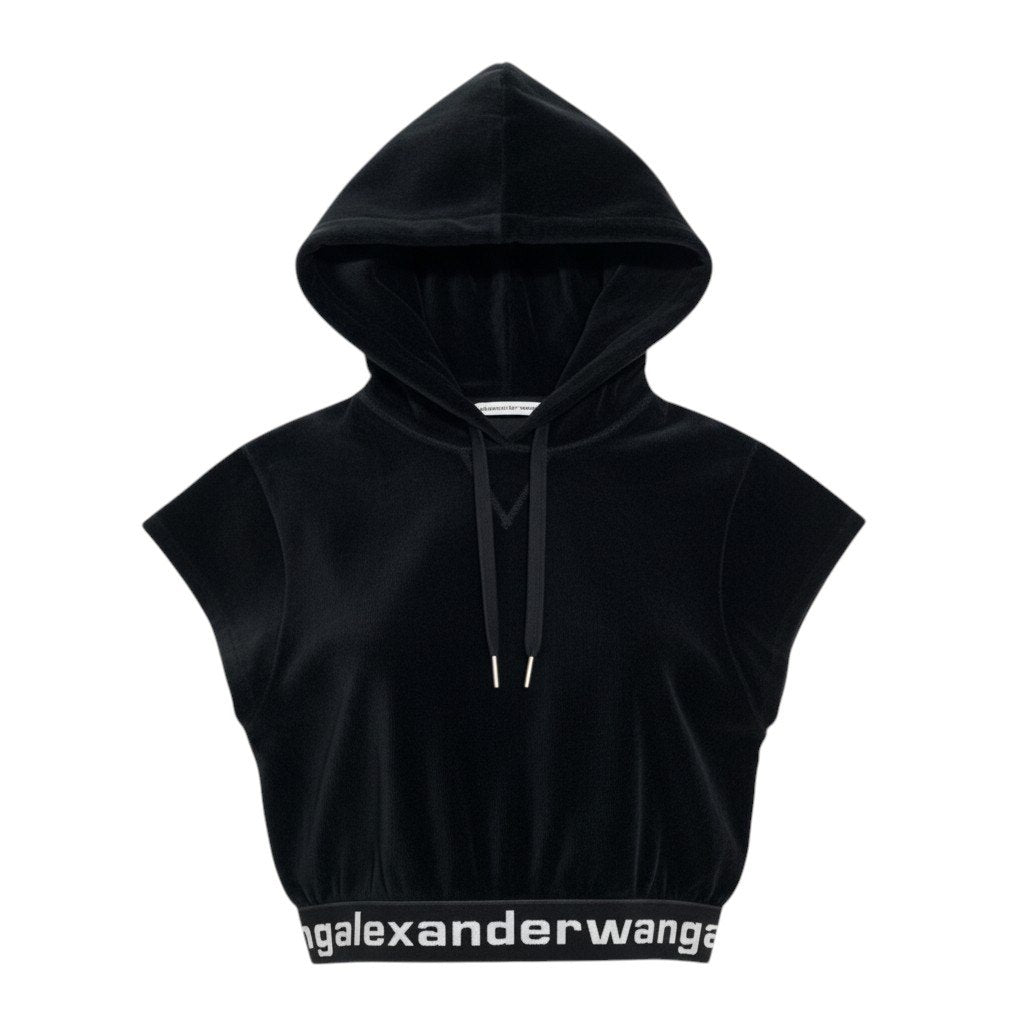 i25 alexanderwang.t クロップドフーディー パーカー 半袖 ベロア ロゴバンド Sサイズ ブラック レディース 女性用u02t