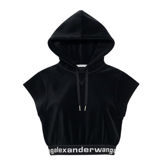 i25 alexanderwang.t クロップドフーディー パーカー 半袖 ベロア ロゴバンド Sサイズ ブラック レディース 女性用u02t
