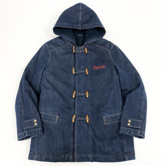 17e7 Papas パパス デニム ダッフルコート ロゴ刺繍 トグルボタン アウター フーディ カバーオール 50 Lサイズ インディゴ コットン