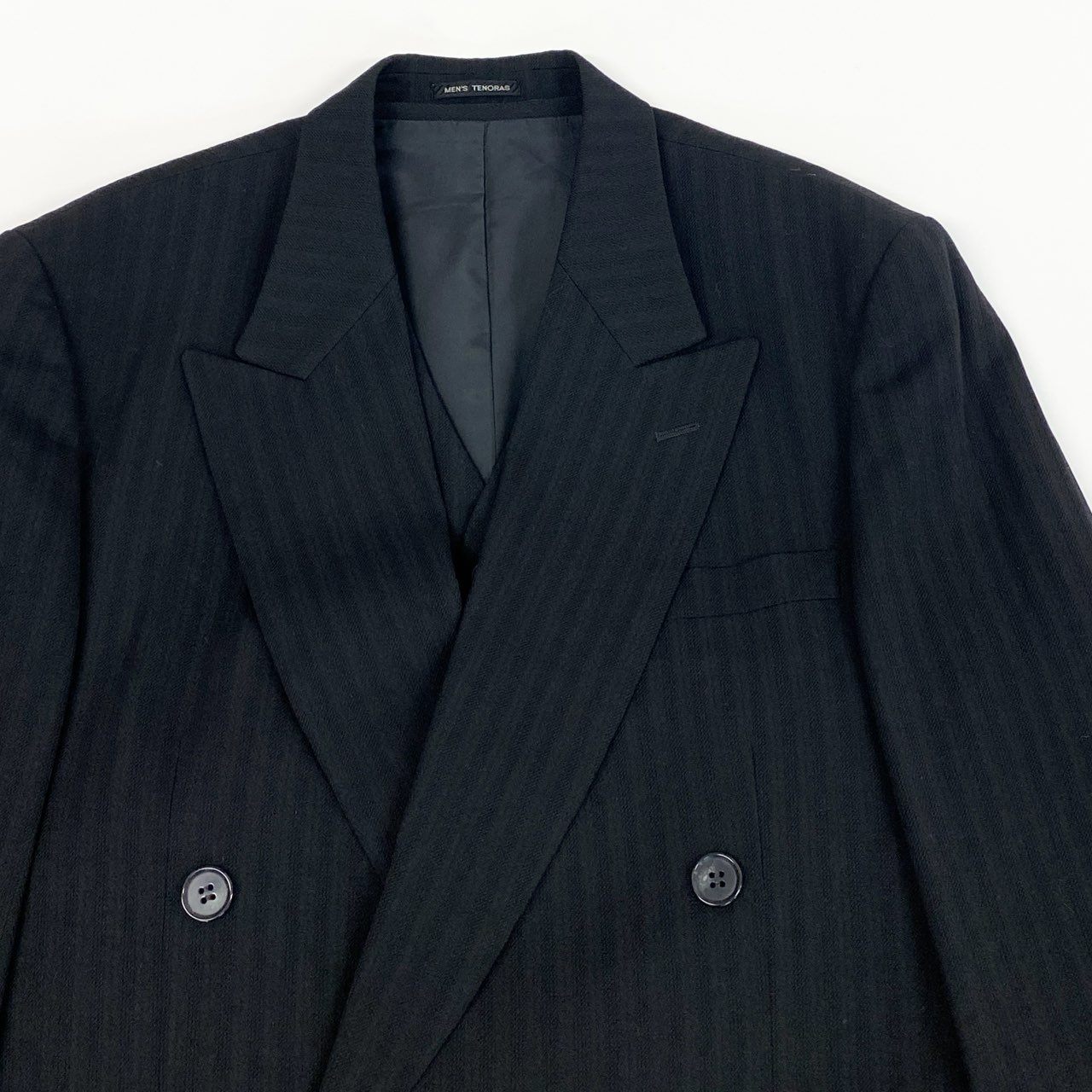 56k27 MEN`S TENORAS メンズティノラス CALZTURE UOMO セットアップスーツ 3ピース スリーピース ダブルブレスト ストライプ柄 メンズ 紳士服 大きいサイズ XL ブラック ウール100％o07t