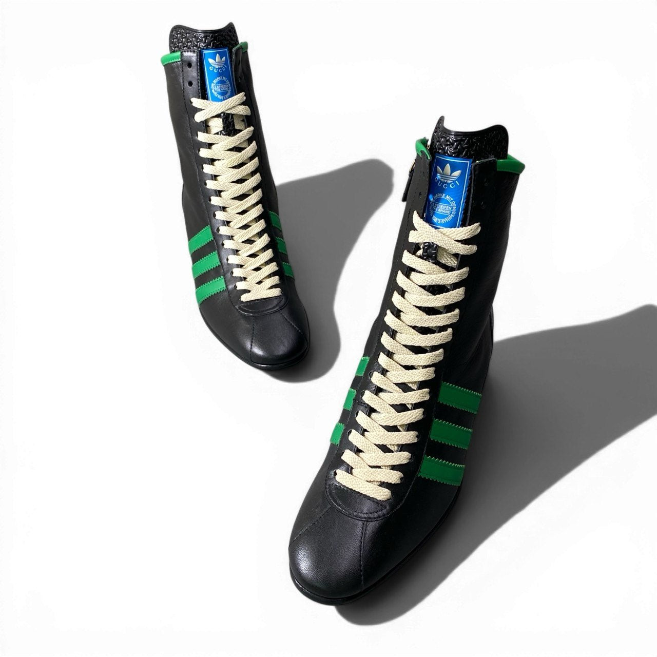 d9 GUCCI × Adidas グッチ アディダス ボーリングシューズ レザーブーツ サイドジップ トレフォイルロゴ サイズ6 1/2 ブラック レディースk02i