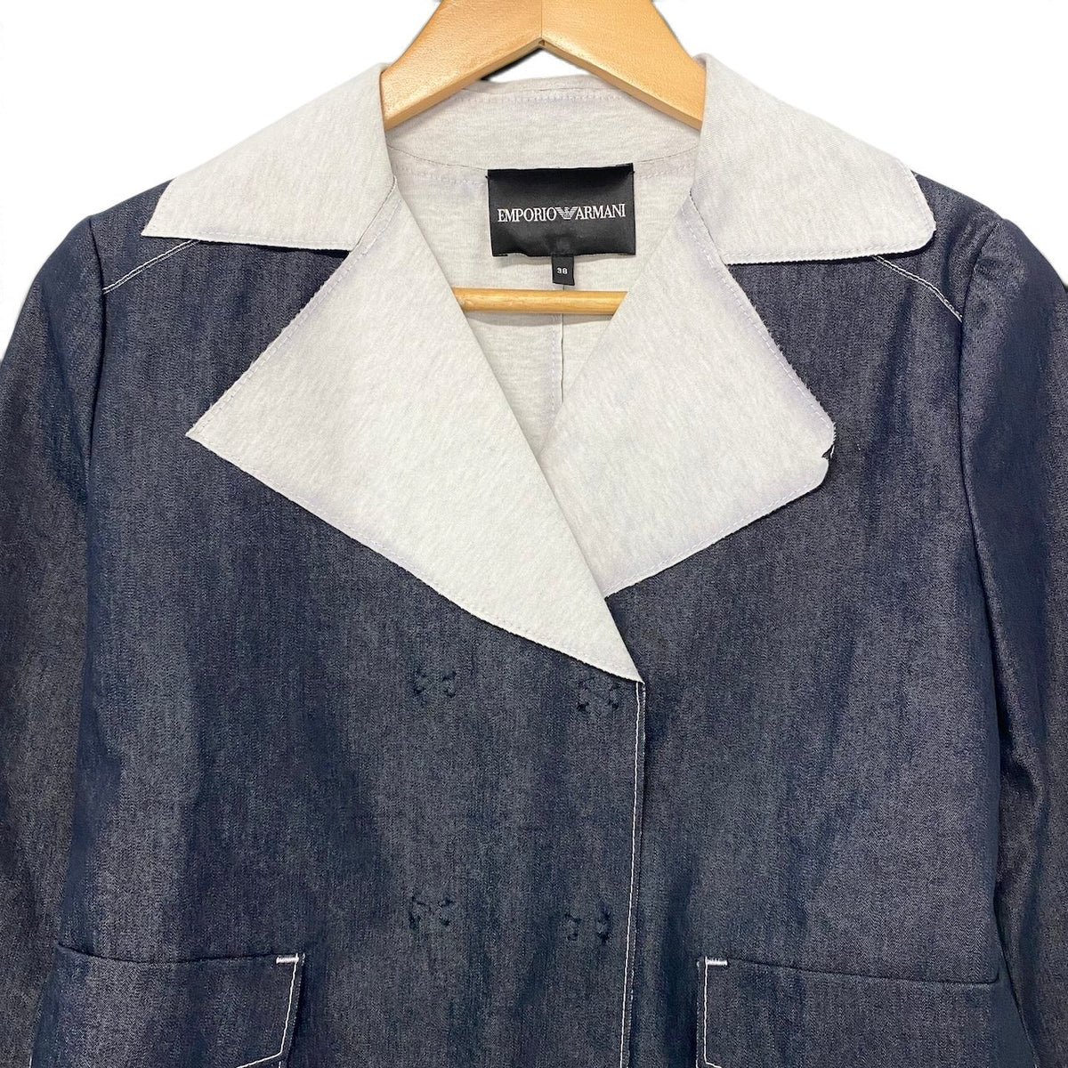 57j22 EMPORIO ARMANI エンポリオアルマーニ ダブルブレスト ジャケット デニム 切替 38 インディゴ ライトグレー コットン レディースo07t