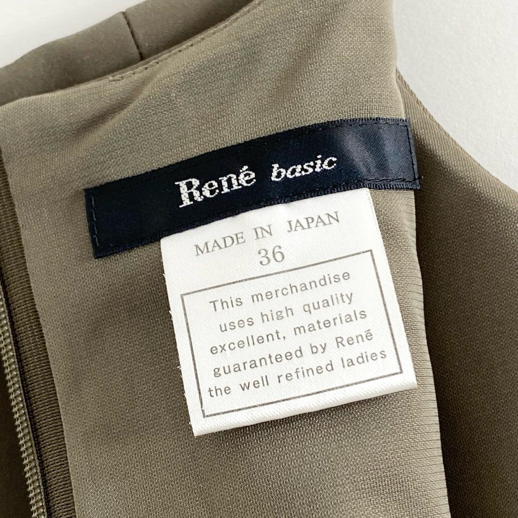 43f18 《美品》 日本製 Rene ルネ リボン装飾 ノースリーブワンピース ドレスワンピース 膝丈ワンピース 5636220 サイズ36 カーキ系 レディース