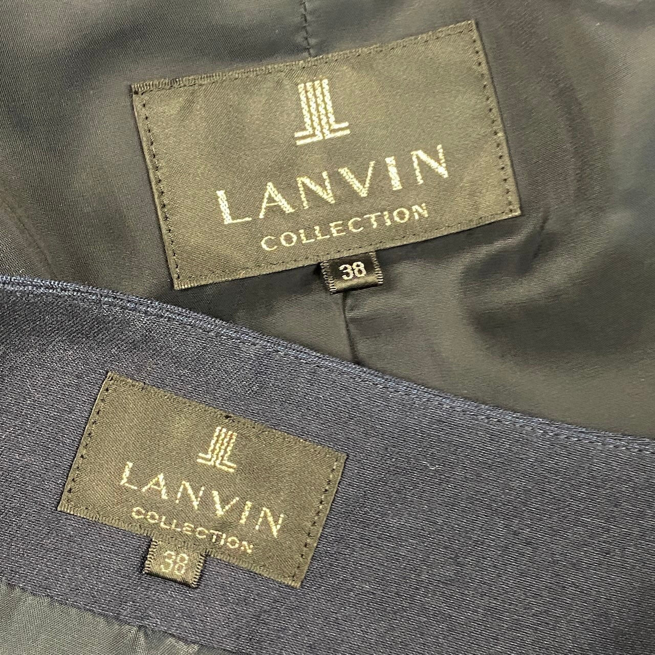 62g7 LANVIN COLLECTION ランバンコレクション セットアップ スカートスーツ フォーマル シルクウール混 サイズ38 ネイビー レディース 女性用o07t