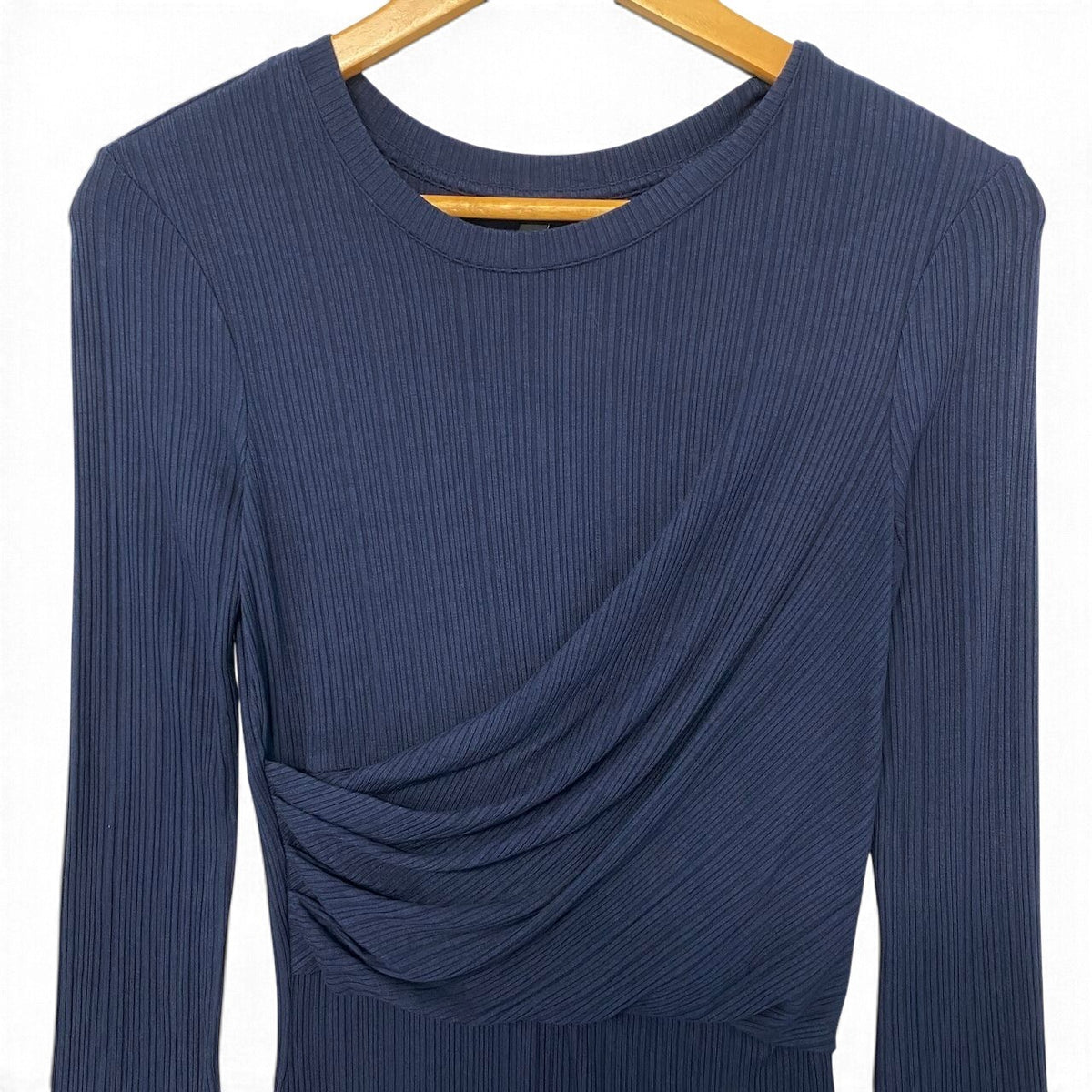 20j22 ARMANI EXCHANGE アルマーニエクスチェンジ シャーリング加工 長袖ワンピース ロングスリーブ ドレス ロゴプレート XS ネイビー レディースo07t