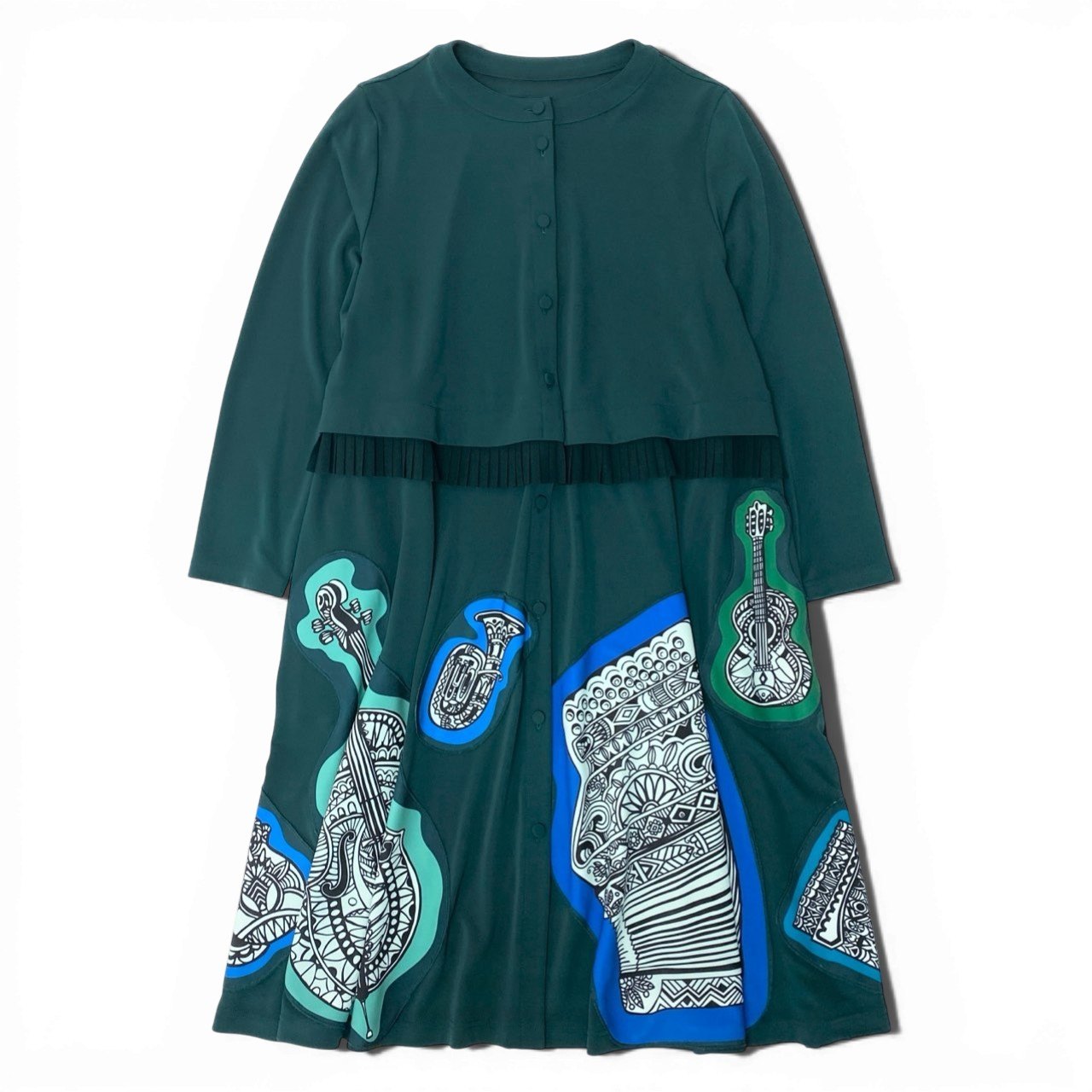 84b27 TOKUKO 1er VOL トクコプルミエヴォル ロングシャツワンピース 長袖 楽器柄 伸縮ストレッチ レディース 女性服 サイズ9 グリーン系u02t