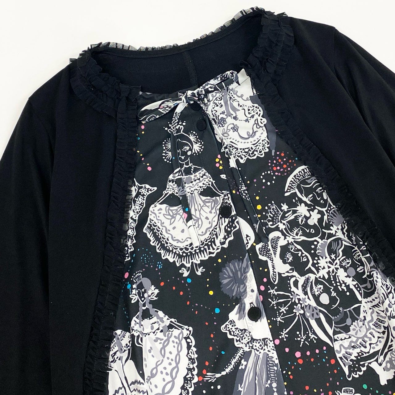 3k19《美品》 TOKUKO 1er VOL トクコプルミエヴォル ロングワンピース シャツワンピース 前開き Aライン プリント 9 ブラック レディースu02t