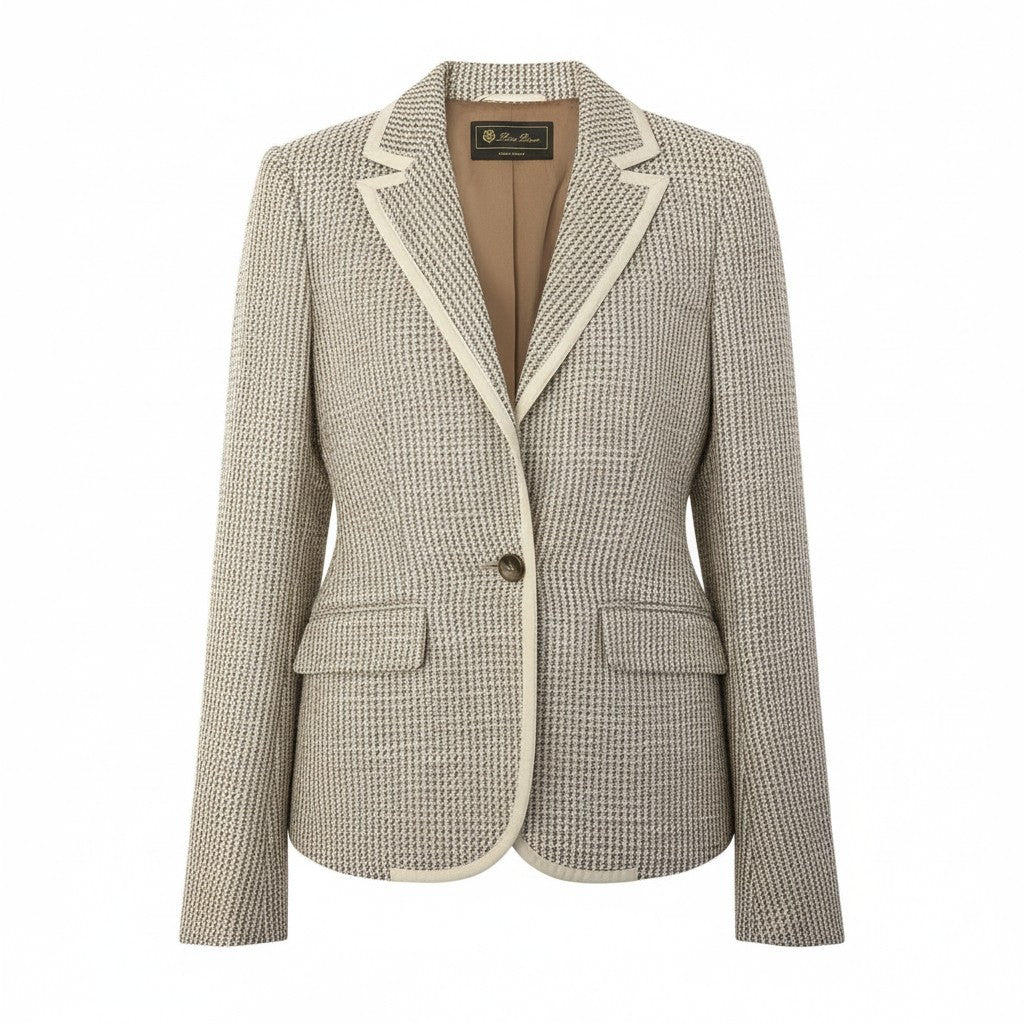 64a28 Loro Piana ロロピアーナ サマーツイードテーラードジャケット パイピング シルク混 イタリア製 38サイズ ベージュ系 レディース 女性用u02t