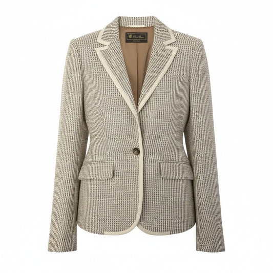 64a28 Loro Piana ロロピアーナ サマーツイードテーラードジャケット パイピング シルク混 イタリア製 38サイズ ベージュ系 レディース 女性用u02t