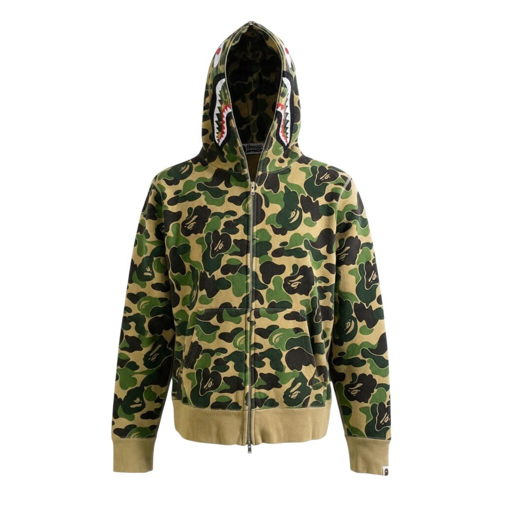 74j23 A BATHING APE アベイシング エイプ CAMO SHARK FULL ZIP カモフラ シャークパーカー M グリーン 迷彩柄t18r