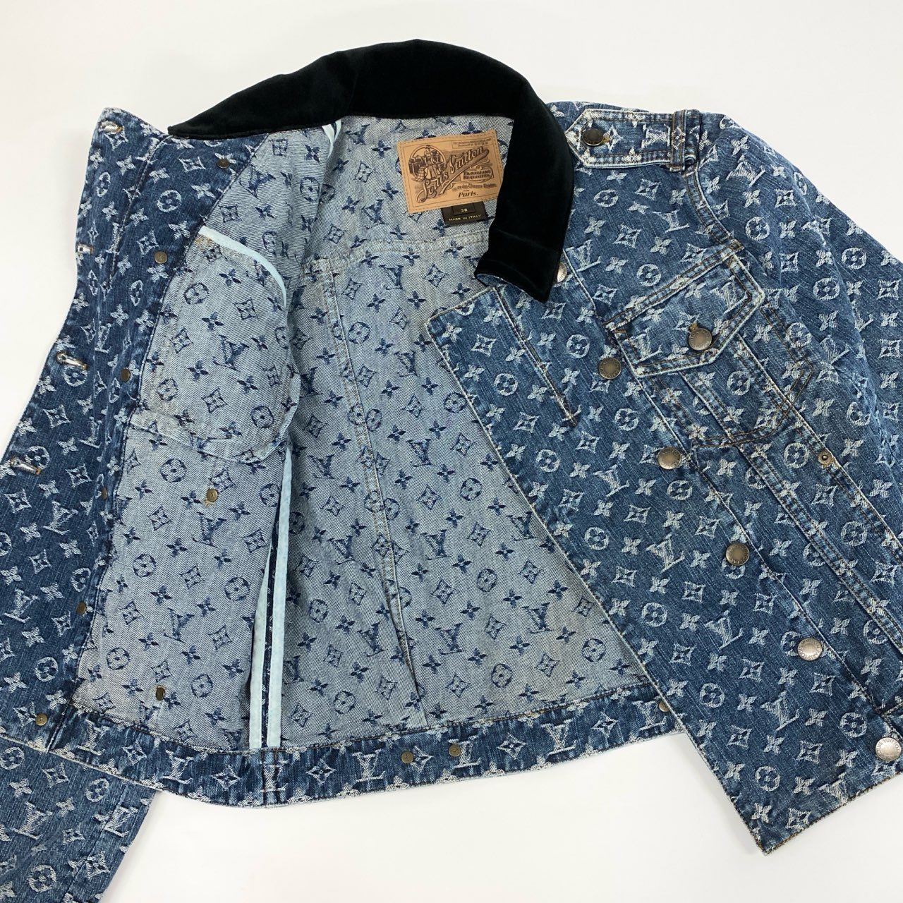 Id7 LOUIS VUITTON ヴィンテージ ルイヴィトン モノグラムジャガード ダブルデニムジャケット サイズ38 インディゴ レディースta1