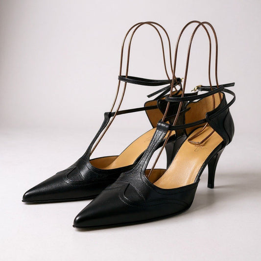 1a6 HERMES エルメス ポインテッドトゥ パンプス ヒールパンプス サンダル シューズ 37.5 ブラック レザー レディース 女性用k02i