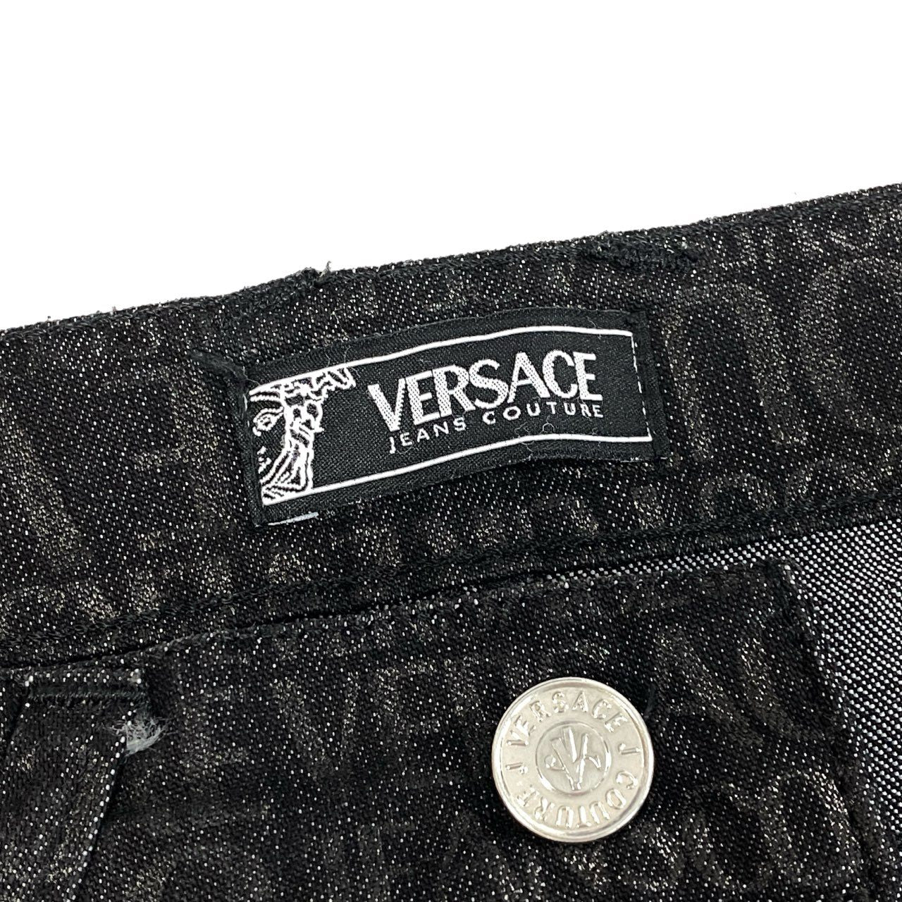 Id9 VERSACE ヴェルサーチ 総ロゴプリント デニムパンツ ジーパン 28 ブラック レディースu02t