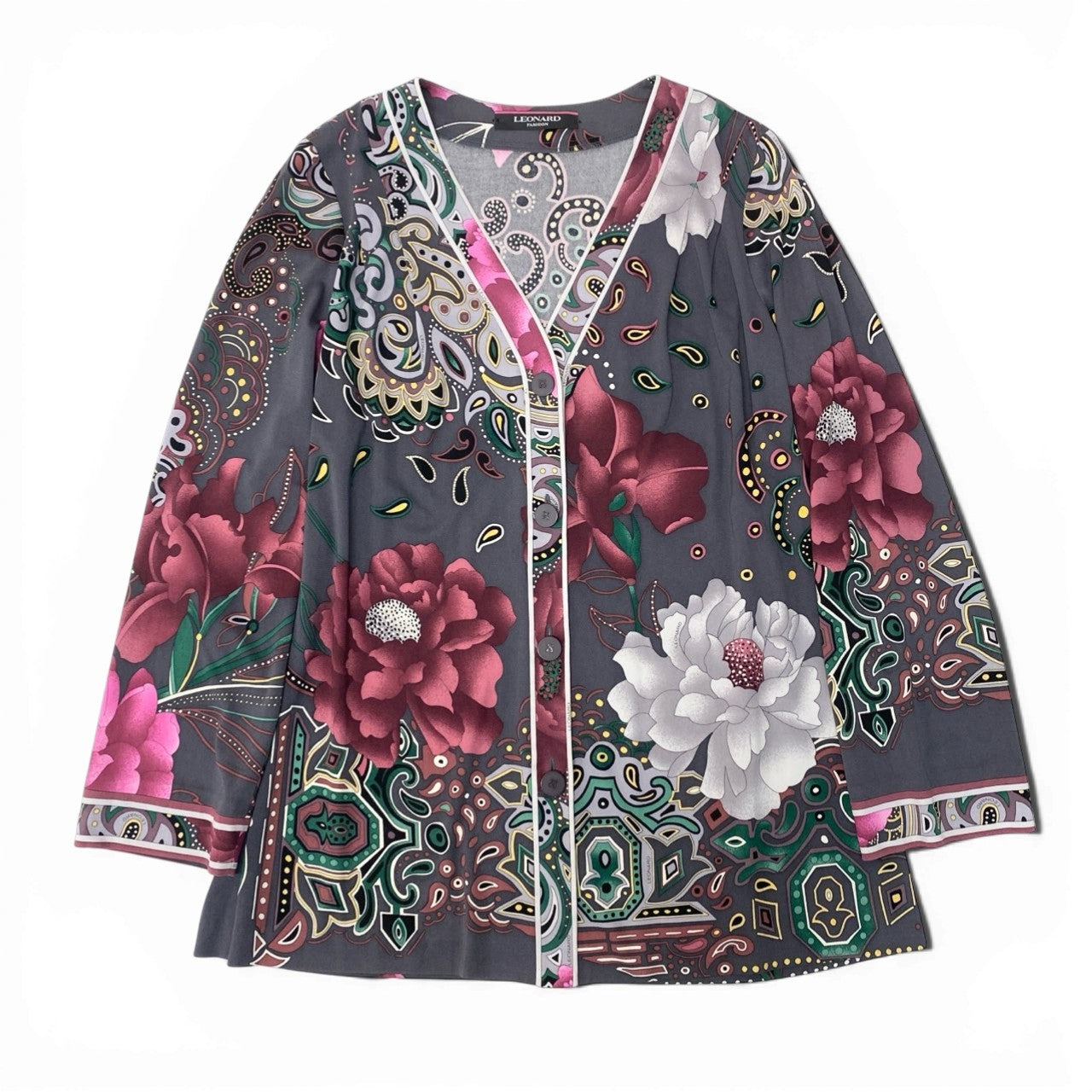 83b23 LEONARD レオナール Vネックカーディガン カンカン素材 美しいプリント チュニック丈 ストレッチ 0169219 42サイズ マルチカラー レディース 女性用u02t