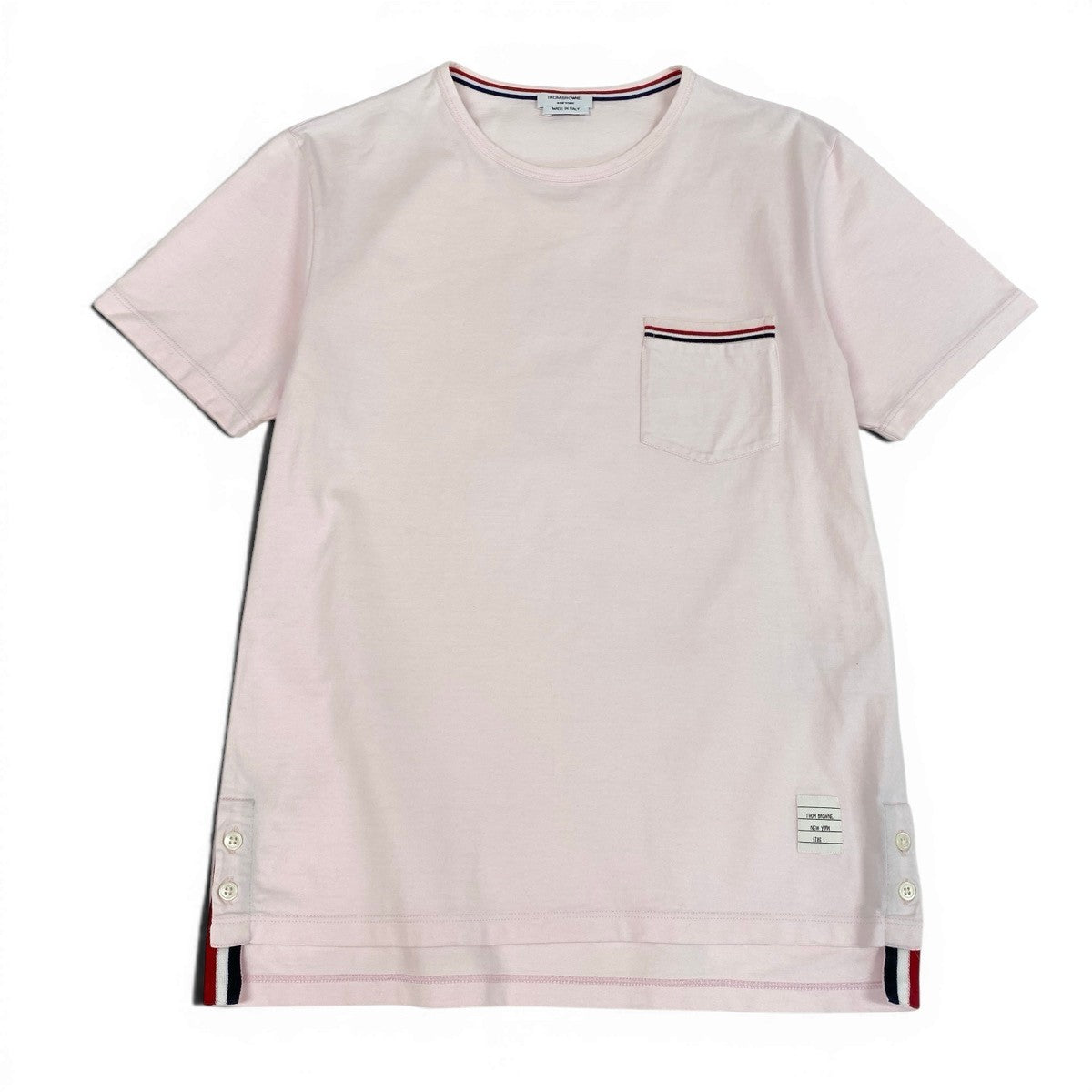 Mg16 THOM BROWNE. トムブラウン クルーネック ポケットTシャツ グログランテープ サイズ1 ピンク コットン100％ メンズ 紳士服u02t