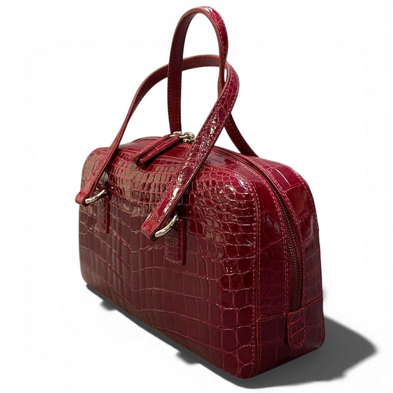 E22《JRA認定》 シャイニングクロコ ハンドバッグ センター取り レッド 本革 クロコダイル Crocodile Bagt18r