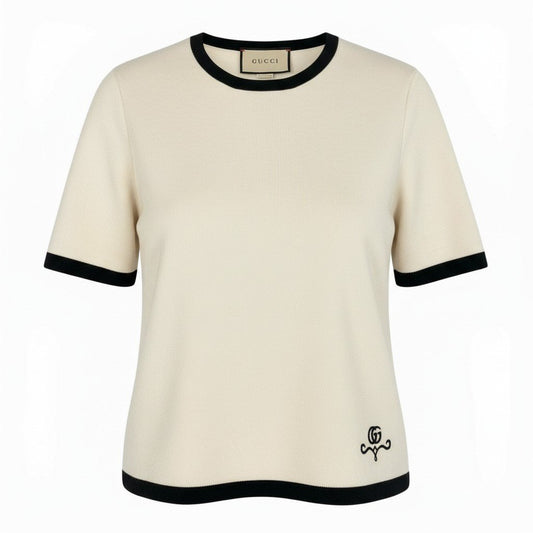 Ia14【美品】 GUCCI グッチ 23AW 半袖ニットセーター ハイゲージ ウールニット バイカラー GGロゴ刺繡 681309 XKB7S サイズS オフホワイト ブラック ウール100％o07t